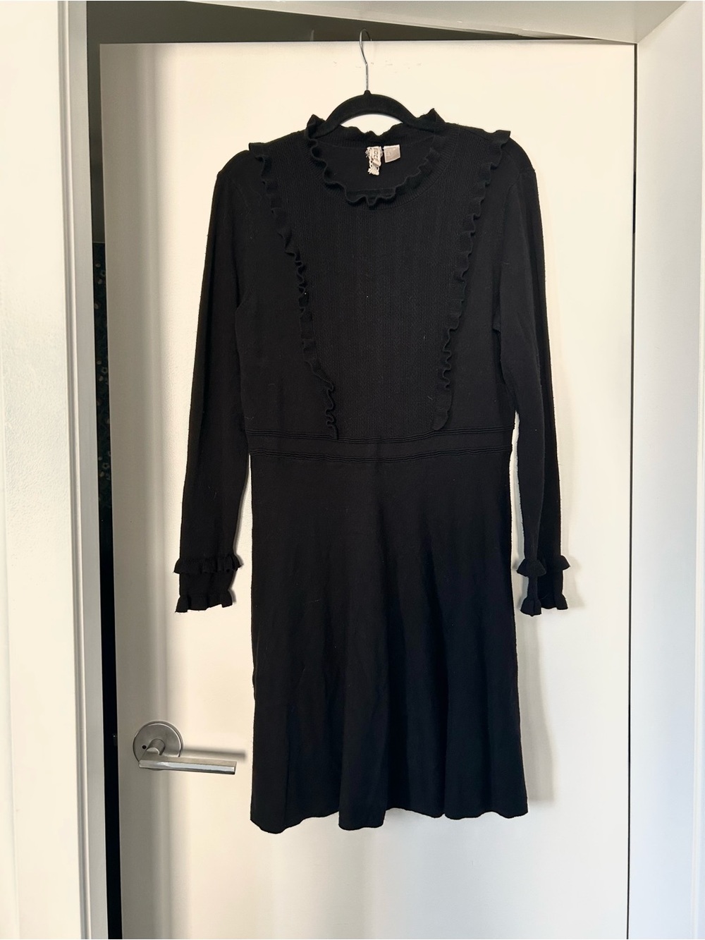 HM Divided Black Ruffle Trim Knit Long Sleeve Dress - Sz L